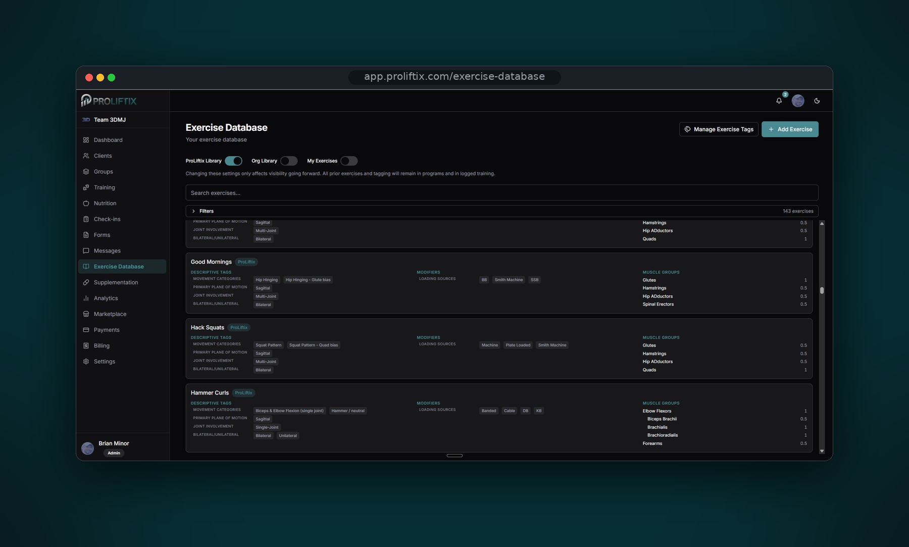 ProLiftix exercise database showing exercises with descriptive tags, modifiers, and scored muscle groups